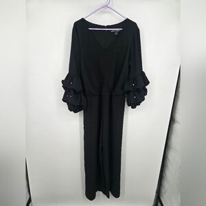 Badgley Mischka Black Long-Sleeve Ruffle Jumpsuit With Beaded Sleeves XL